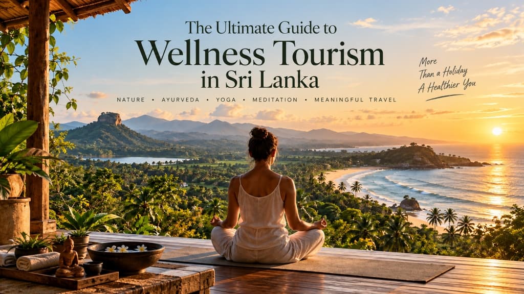 Woman meditating peacefully overlooking lush tropical landscape, Sigiriya and the ocean during sunrise in Sri Lanka